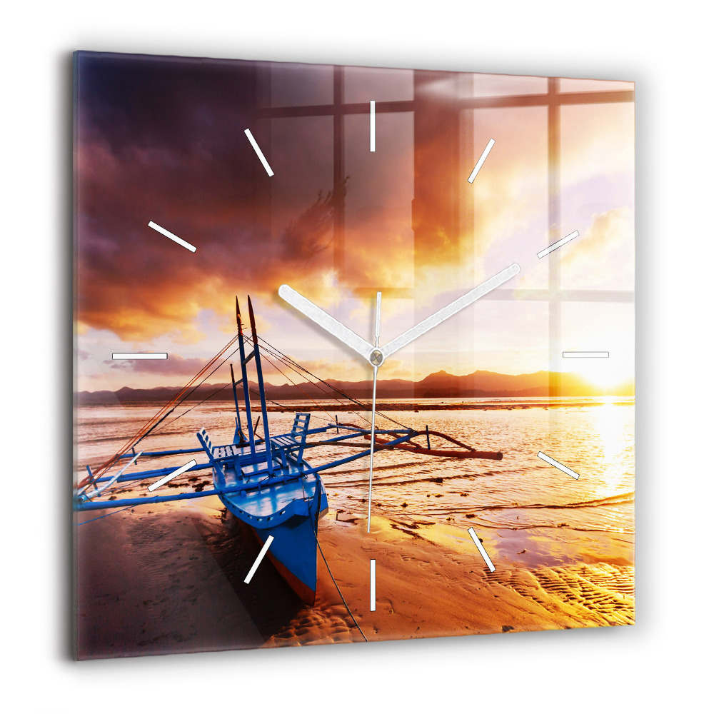 Pendule carrée en verre 60x60 cm Bateau et coucher de soleil
