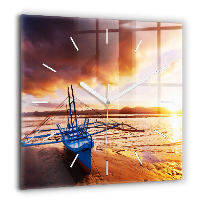 Pendule carrée en verre 60x60 cm Bateau et coucher de soleil