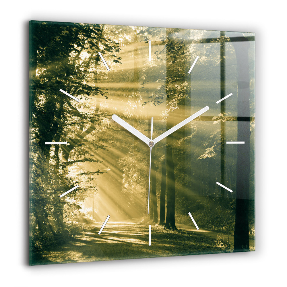Horloge carrée en verre 60x60 cm Rayons de soleil Forêt