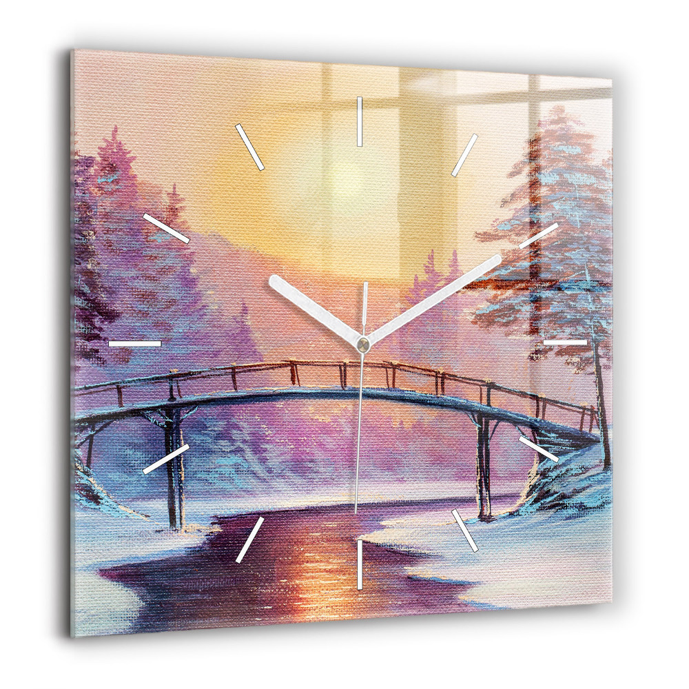 Horloge murale carrée 60x60 cm Arbre de Noël et pont