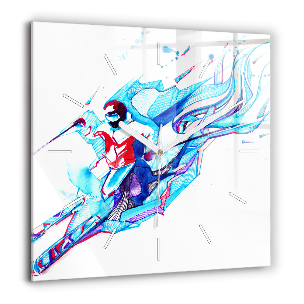 Pendule carrée en verre 60x60 cm Skieur