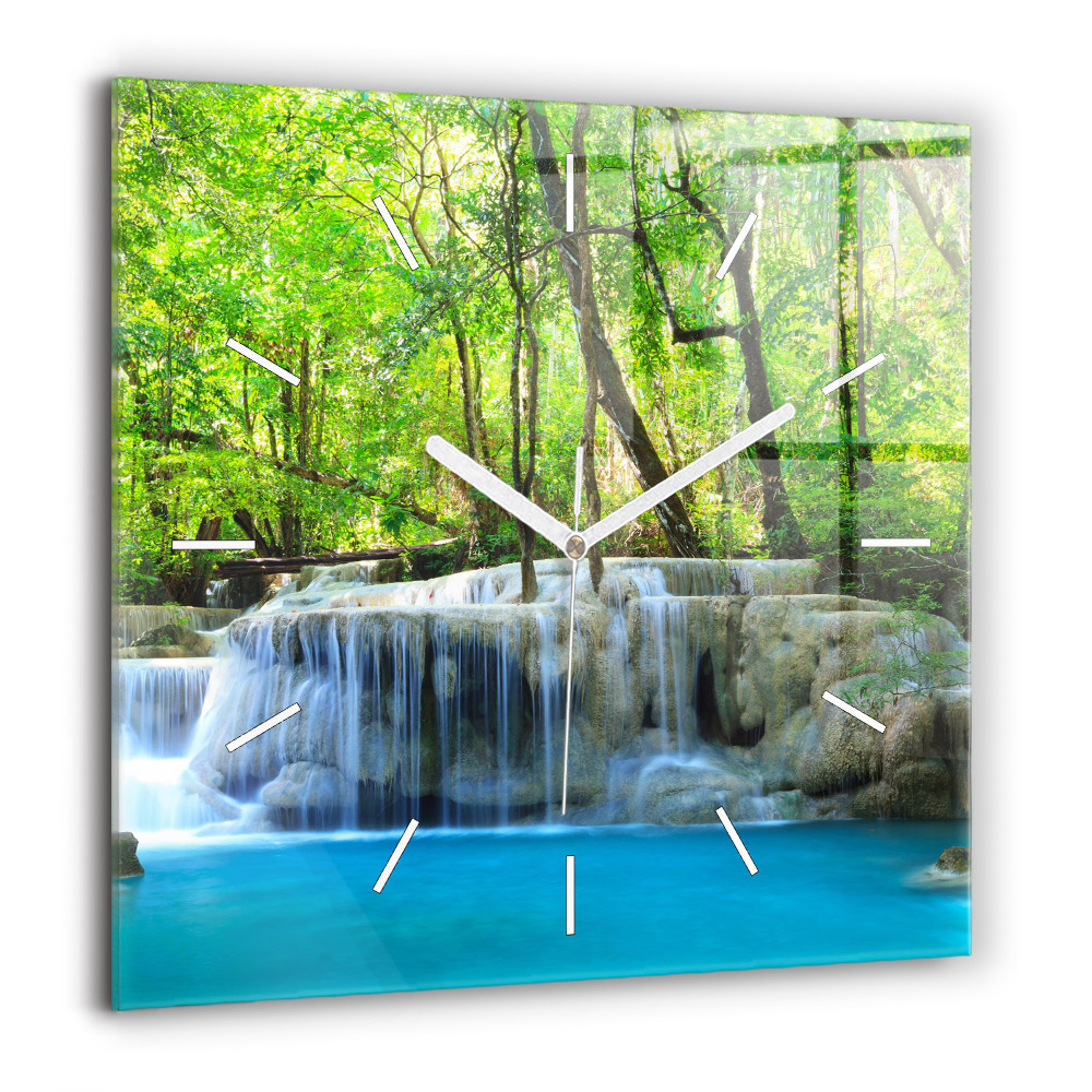 Pendule carrée en verre 60x60 cm Chute d'eau dans la forêt