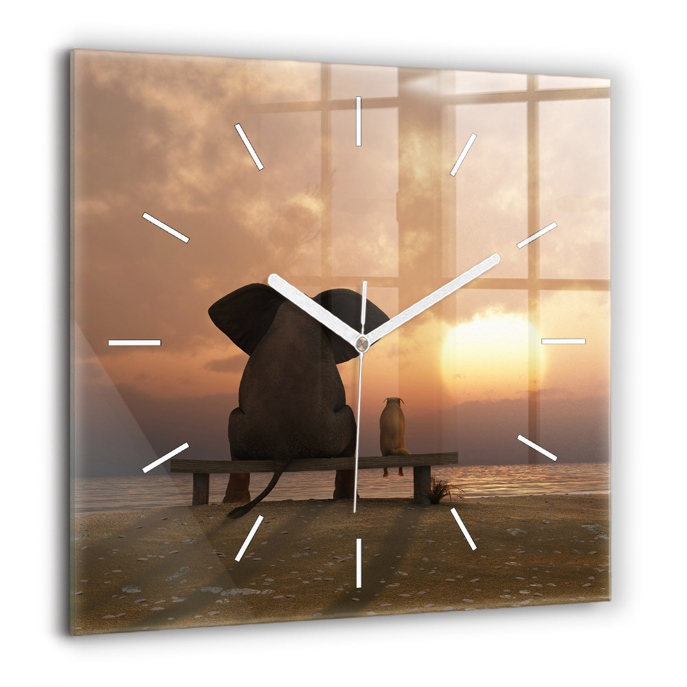 Pendule carrée en verre 60x60 cm Animaux et coucher de soleil