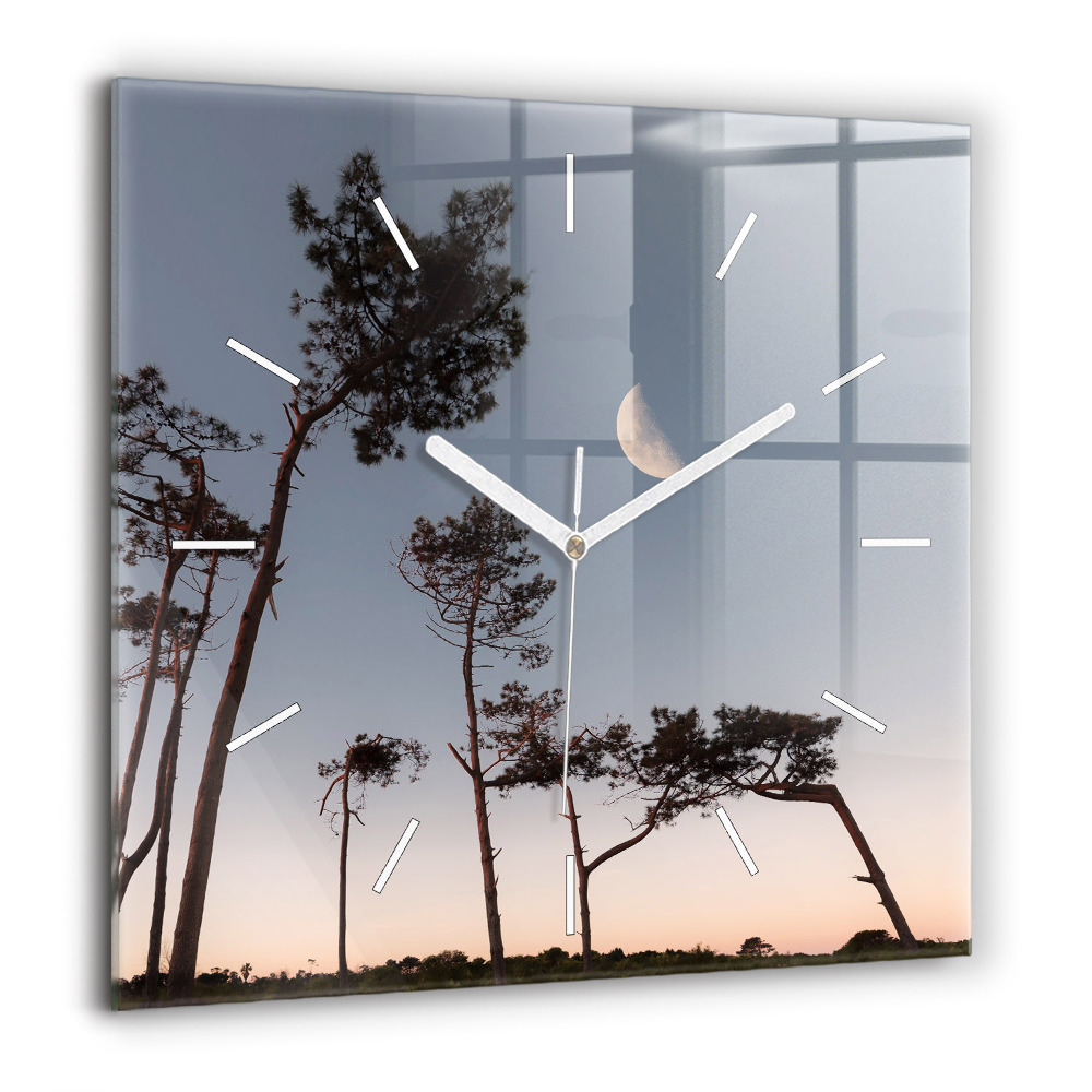 Horloge murale carrée 60x60 cm Croissant de lune et arbres