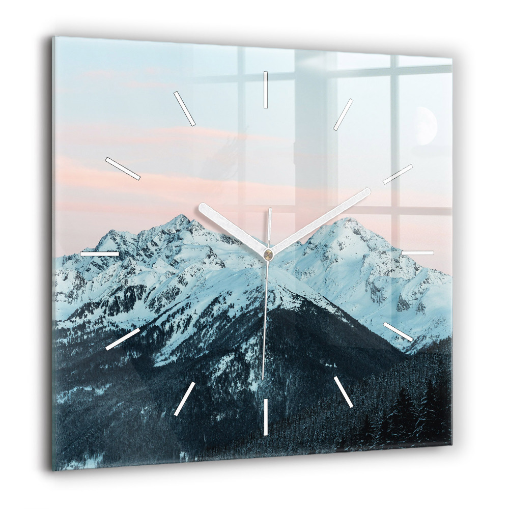 Horloge carrée en verre 60x60 cm Chaîne de montagnes en hiver