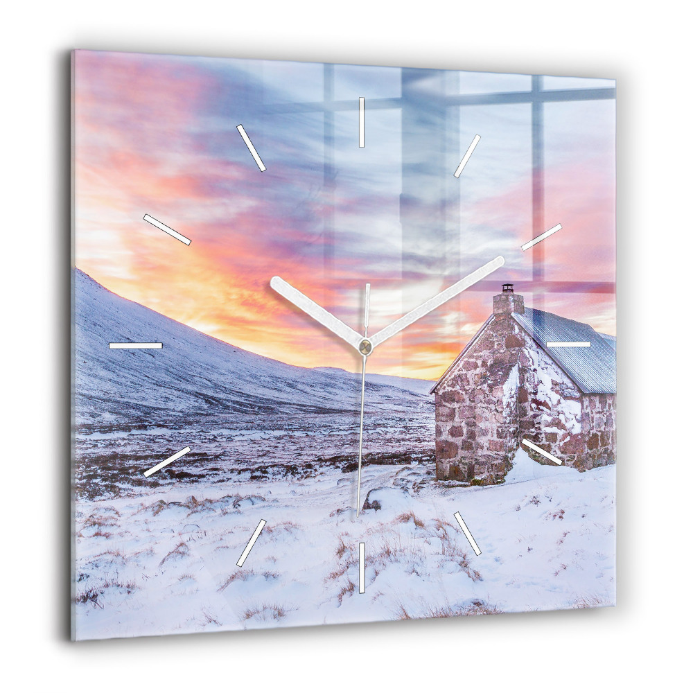 Pendule carrée en verre 60x60 cm Chalet dans les montagnes