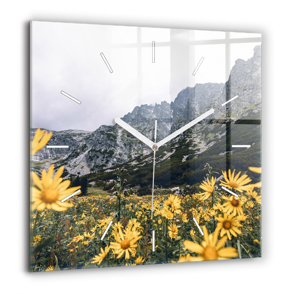 Pendule carrée en verre 60x60 cm Prairie de fleurs dans les montagnes