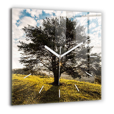 Horloge carrée en verre 60x60 cm Arbre sur une colline