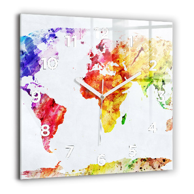 Pendule carrée en verre 60x60 cm Carte du monde à l'aquarelle
