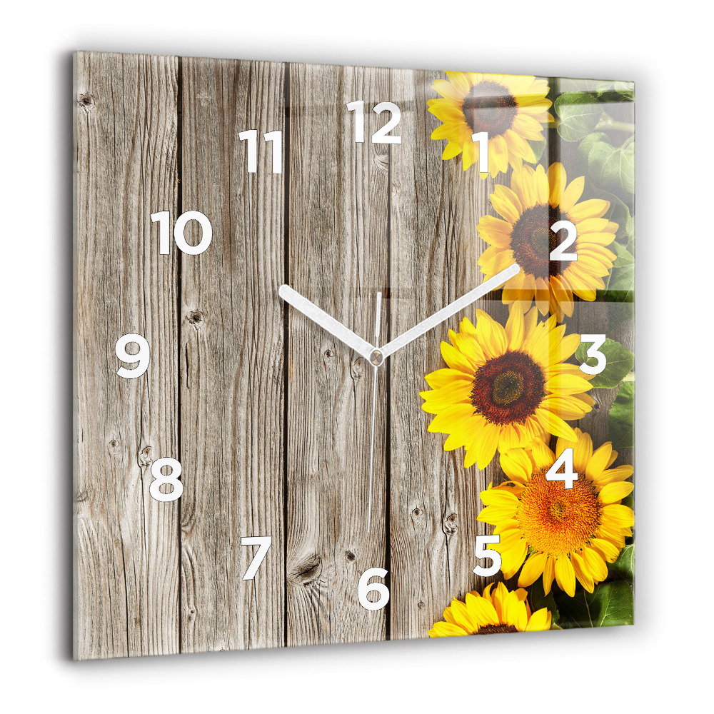Horloge carrée en verre 60x60 cm Tournesols sur planches