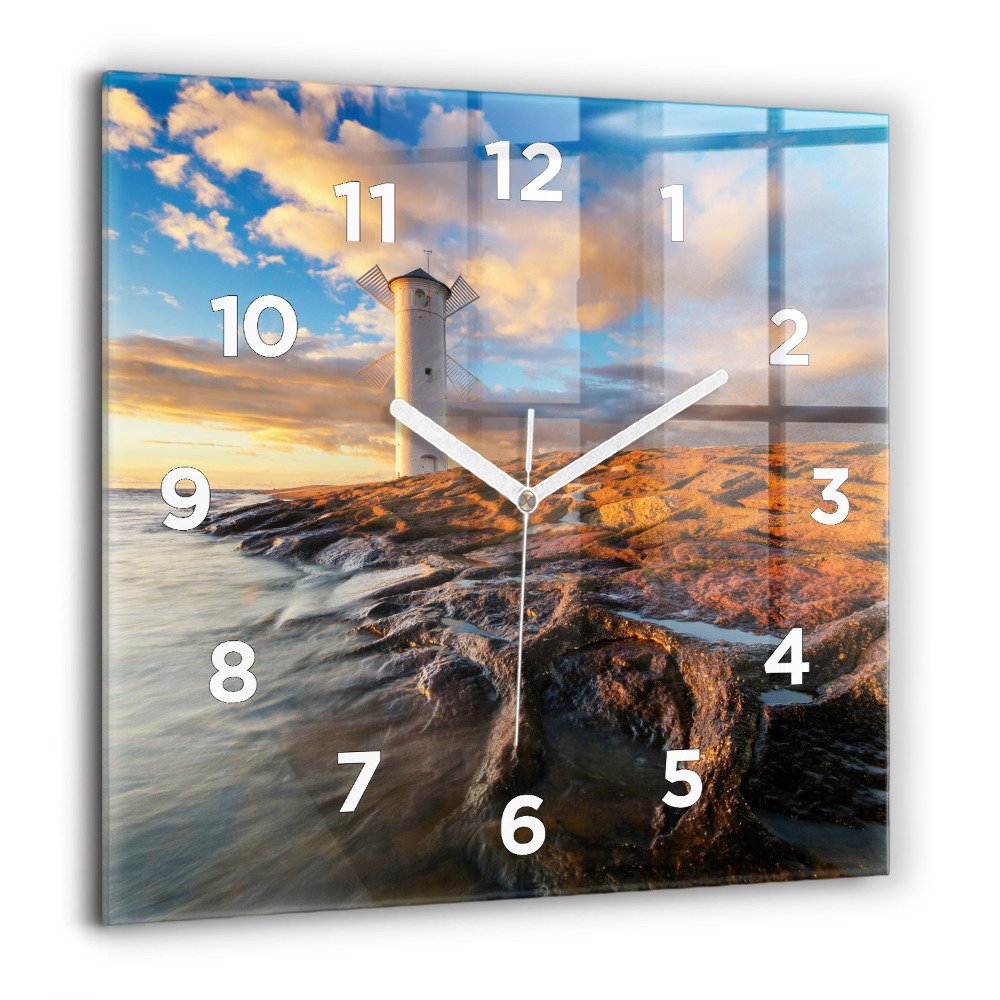Horloge murale carrée 60x60 cm Phare et mer Baltique