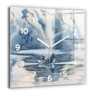 Horloge carrée en verre 60x60 cm Lac d'hiver Bateau