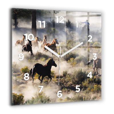 Horloge murale carrée 60x60 cm Troupeau de chevaux à vive allure