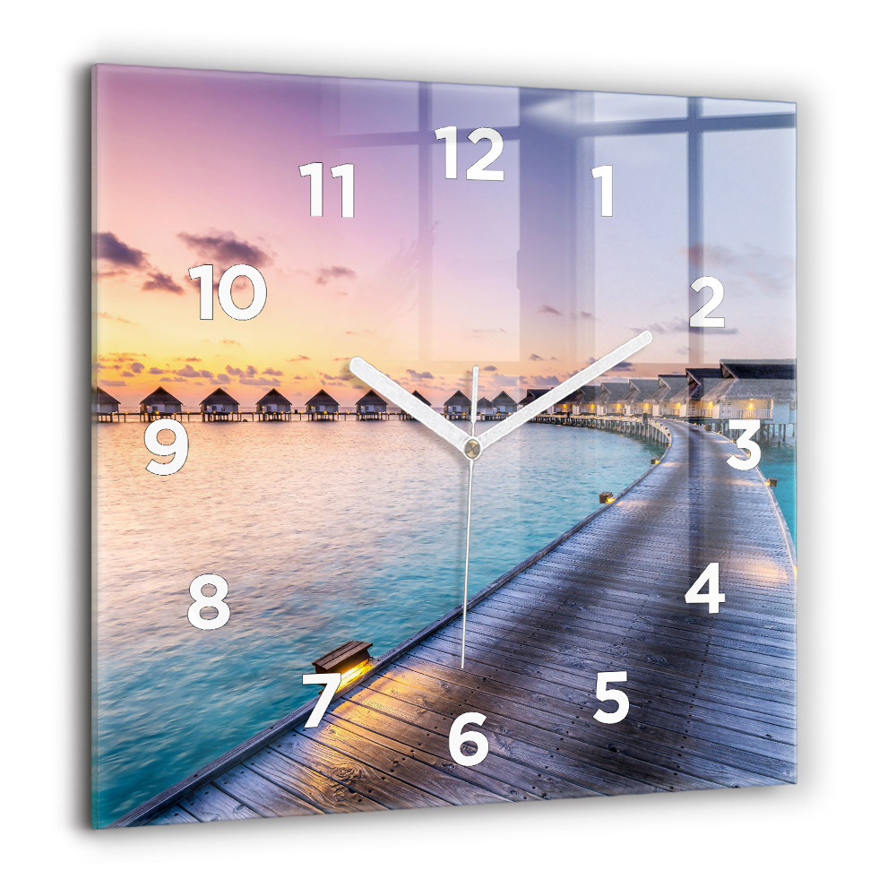 Horloge carrée en verre 60x60 cm Coucher de soleil aux Maldives
