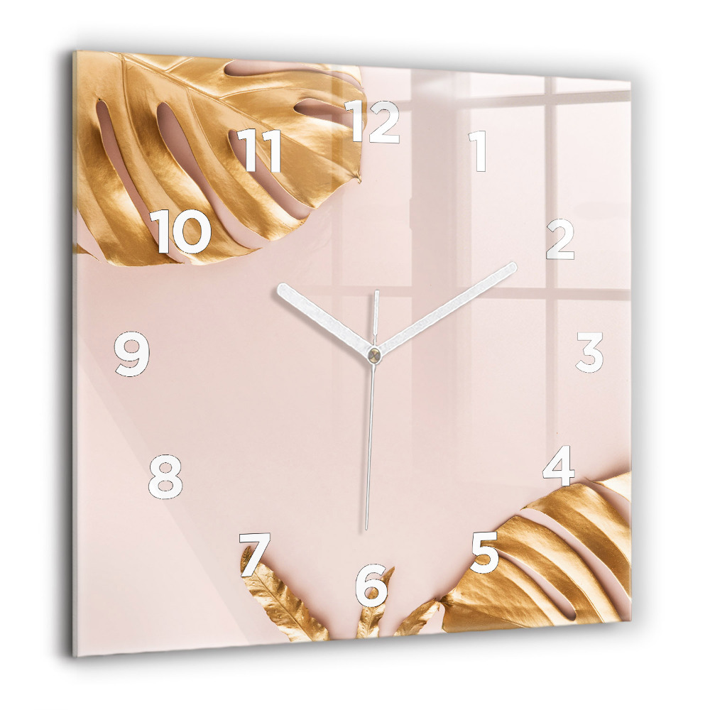 Horloge murale carrée 60x60 cm Feuilles tropicales dorées