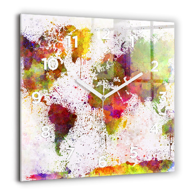 Pendule carrée en verre 60x60 cm Carte du monde en aquarelle