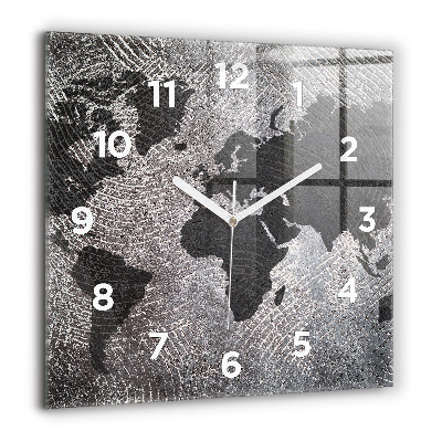 Horloge carrée en verre 60x60 cm Carte du monde en béton
