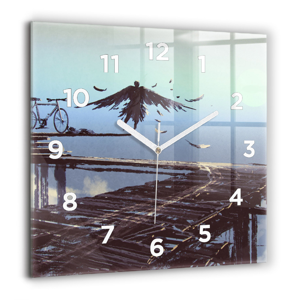 Horloge carrée en verre 60x60 cm Ange, pont et vélo