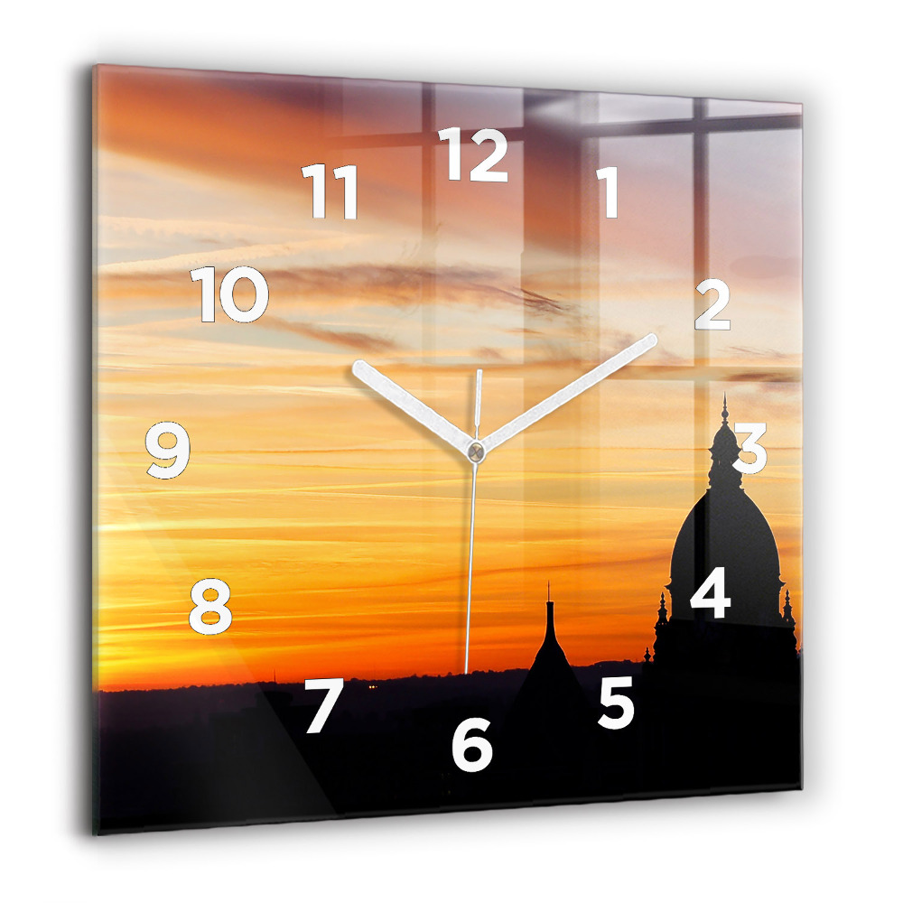Horloge carrée en verre 60x60 cm Bâtiment et coucher de soleil