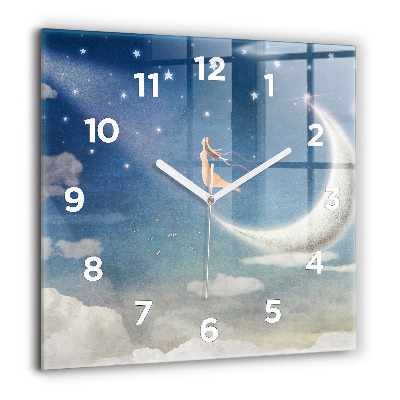 Horloge murale carrée 60x60 cm Fille sur la lune