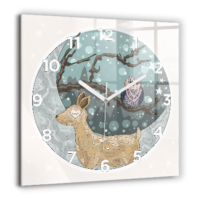 Pendule carrée en verre 60x60 cm Animaux nocturnes et lune
