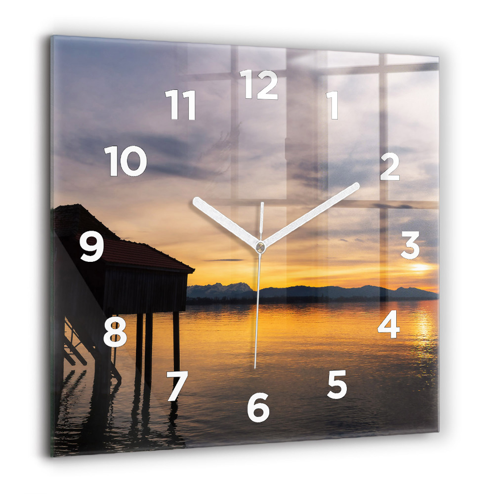 Pendule carrée en verre 60x60 cm Coucher de soleil sur un lac