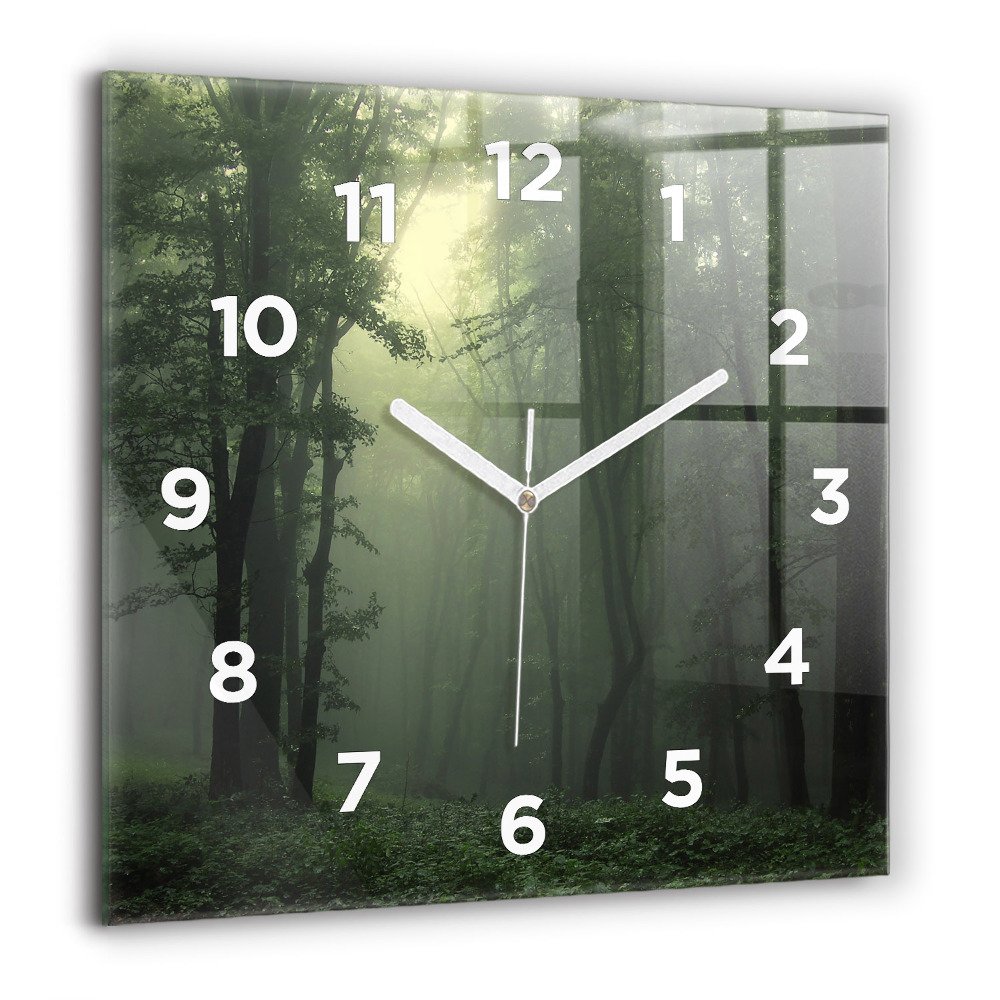 Horloge carrée en verre 60x60 cm Forêt brumeuse le matin