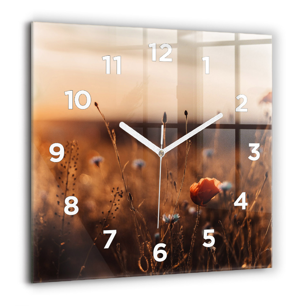 Pendule carrée en verre 60x60 cm Lever de soleil dans un champ