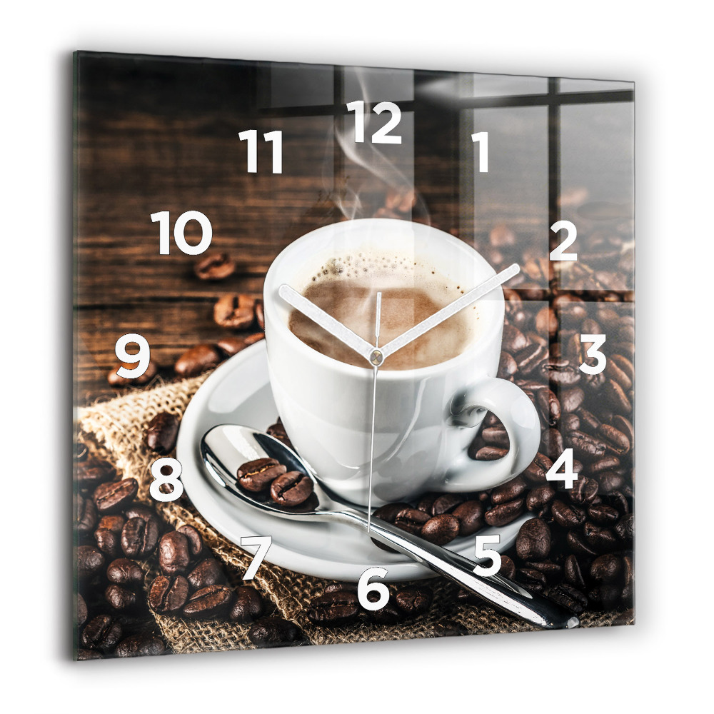 Horloge carrée en verre 60x60 cm Tasse et grains de café