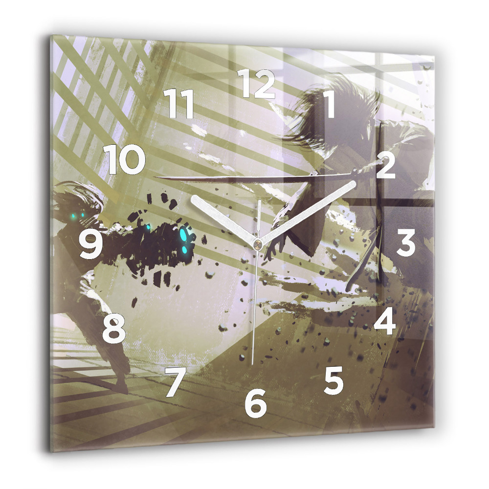 Pendule carrée en verre 60x60 cm Combat entre un robot et un samouraï