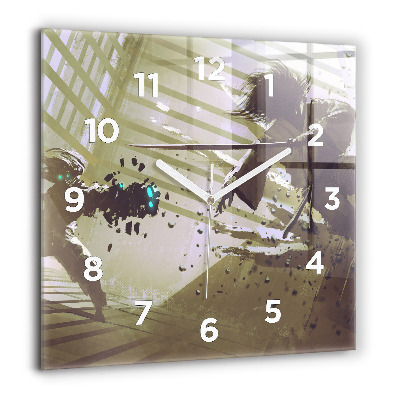 Pendule carrée en verre 60x60 cm Combat entre un robot et un samouraï