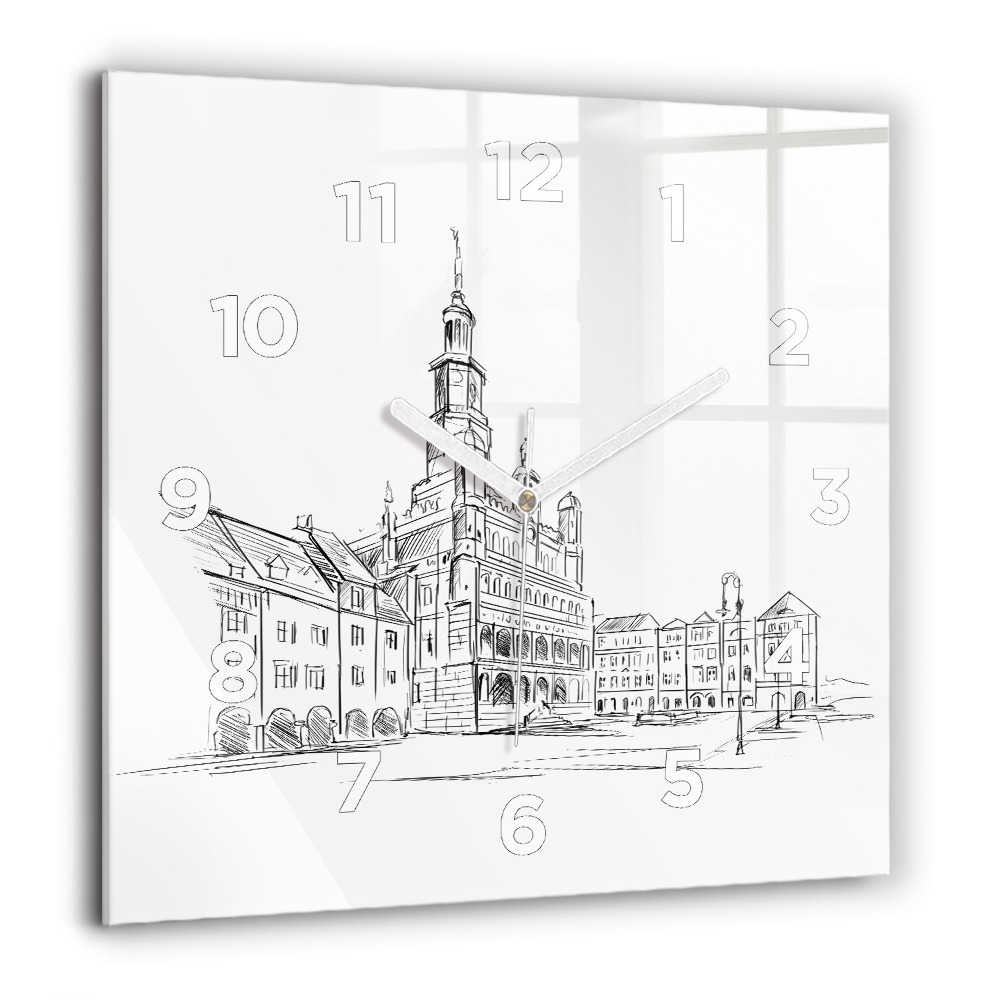 Horloge murale carrée 60x60 cm Croquis de la vieille ville de Poznań