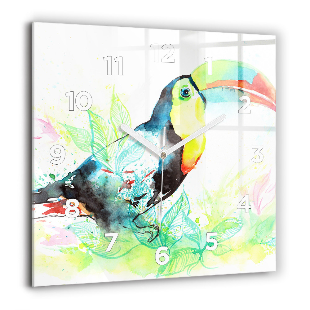 Horloge murale carrée 60x60 cm Toucan dans l'herbe