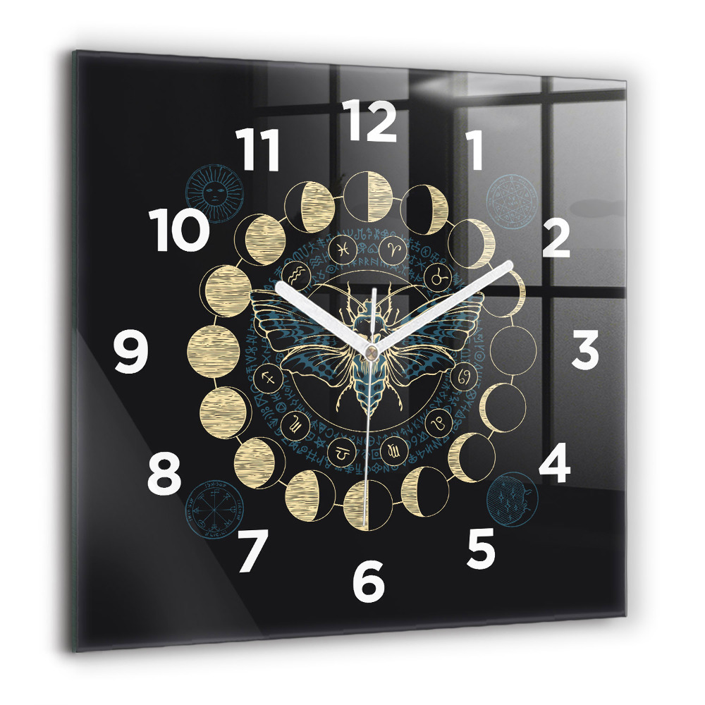 Horloge carrée en verre 60x60 cm Phases de la lune et insecte
