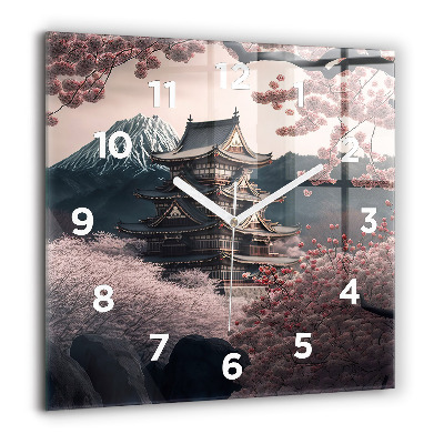 Horloge carrée en verre 60x60 cm Tour et fleurs en Asie