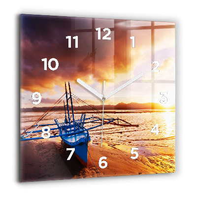 Pendule carrée en verre 60x60 cm Bateau et coucher de soleil
