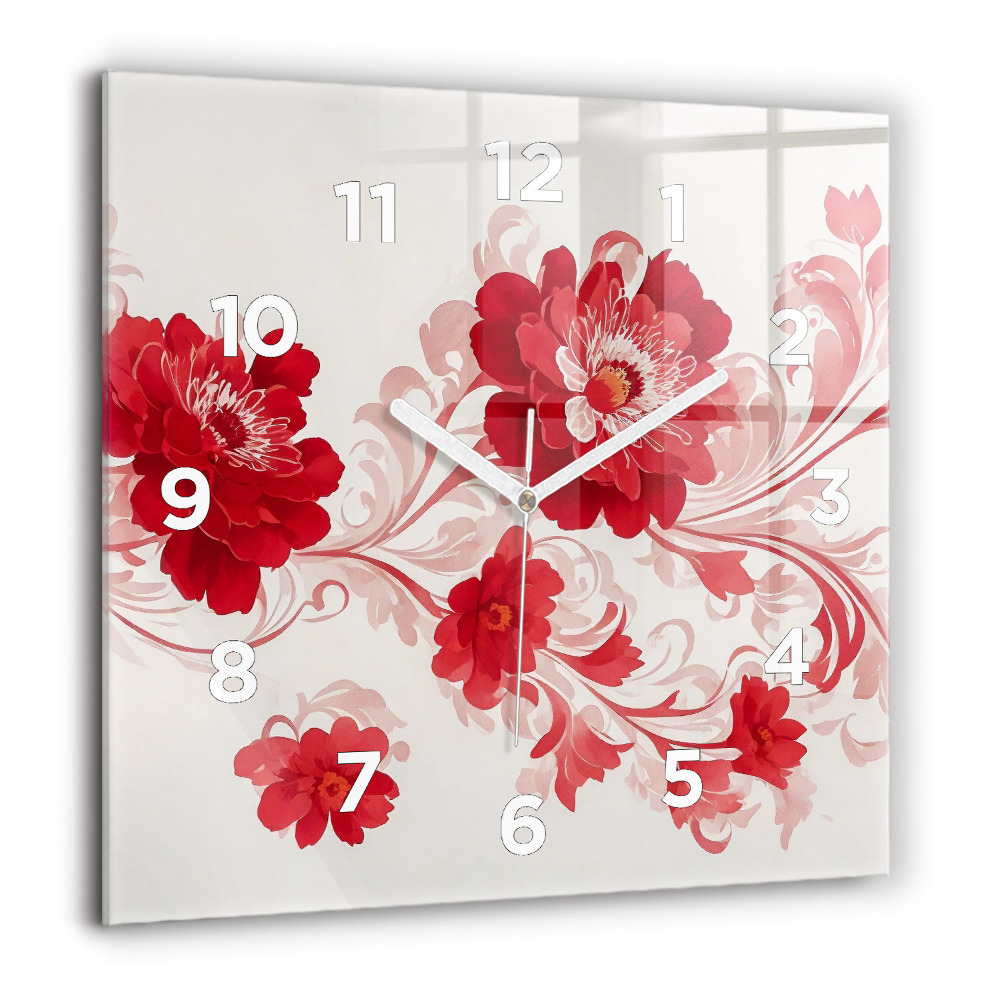 Horloge carrée en verre 60x60 cm Fleurs rouges