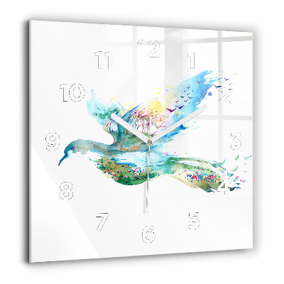Pendule carrée en verre 60x60 cm Abstraction d'un oiseau et d'un printemps