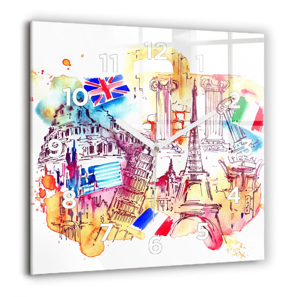 Horloge carrée en verre 60x60 cm Pays attrayants du monde