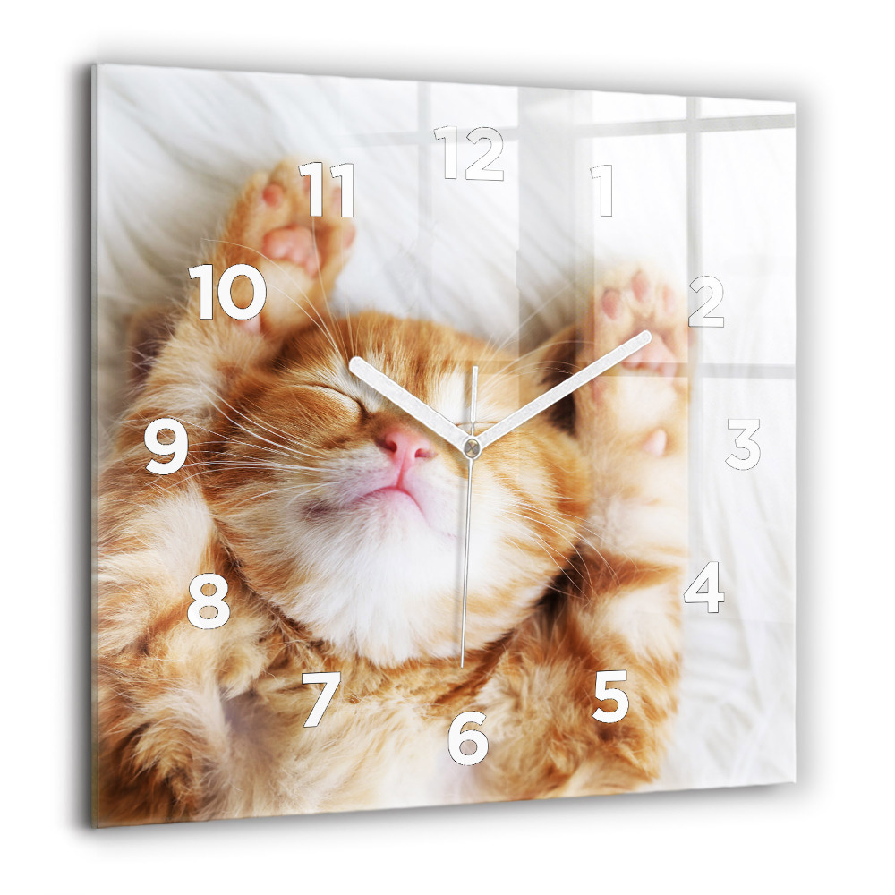 Horloge carrée en verre 60x60 cm Petit chat endormi