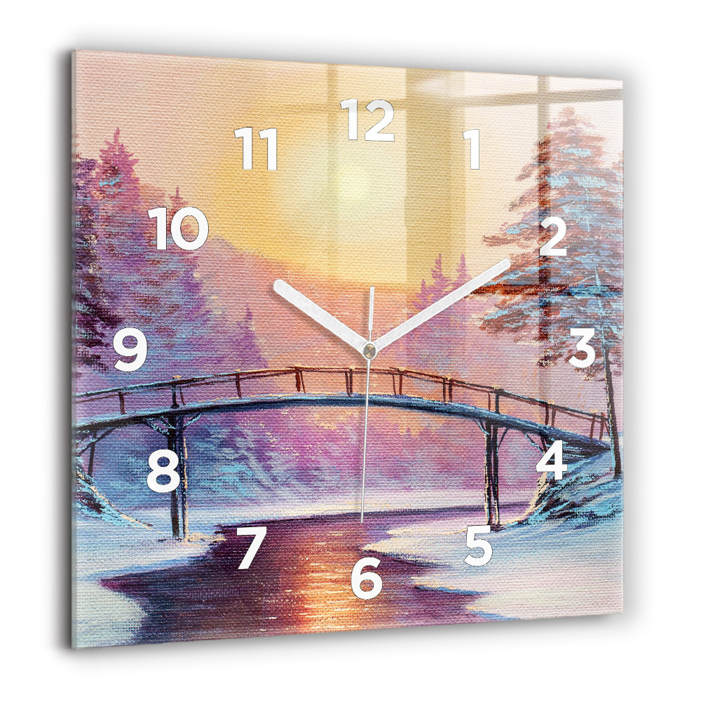 Horloge murale carrée 60x60 cm Arbre de Noël et pont