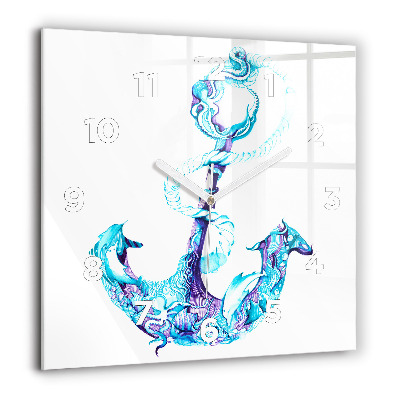 Horloge carrée en verre 60x60 cm Ancre de mer