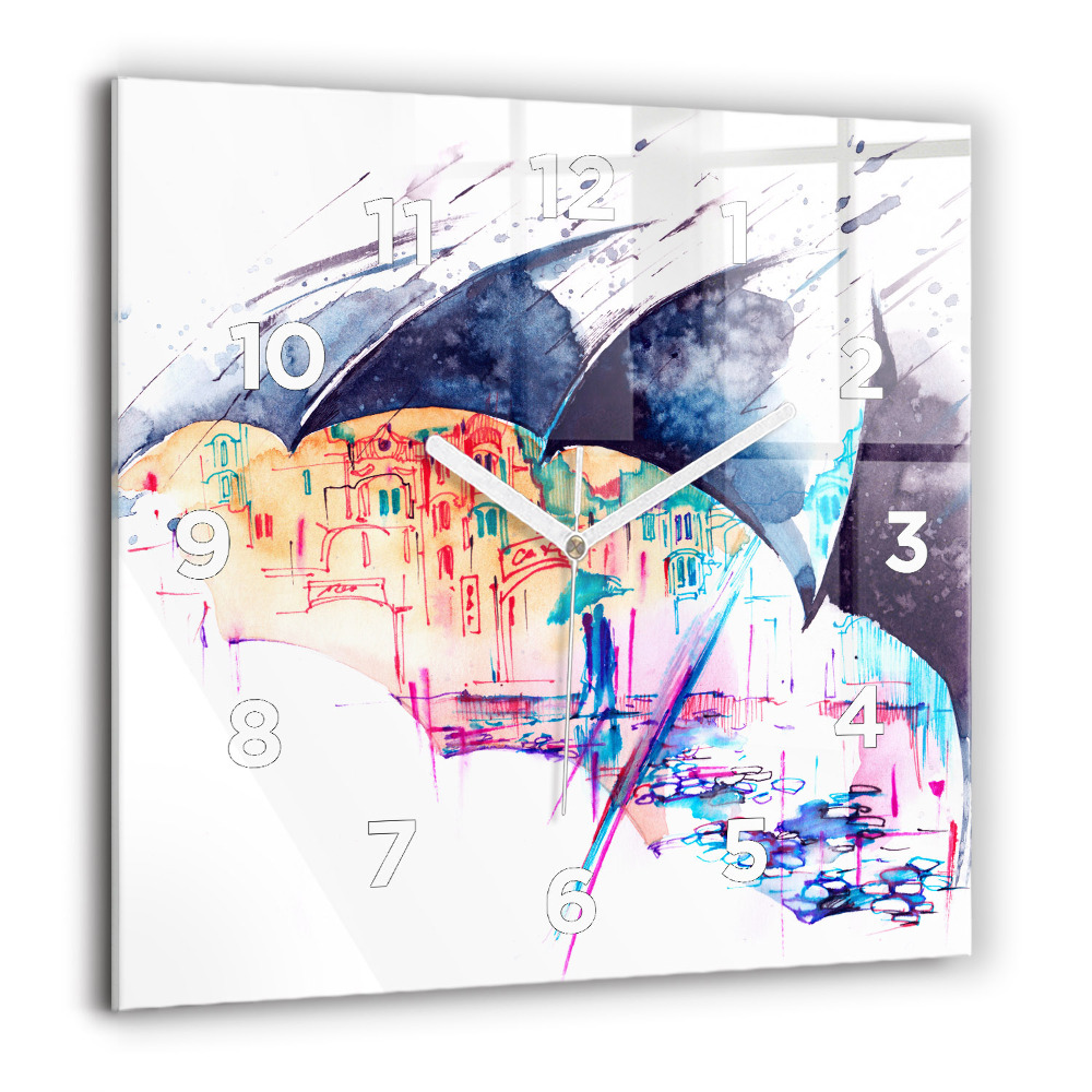 Horloge murale carrée 60x60 cm Parapluie et ville