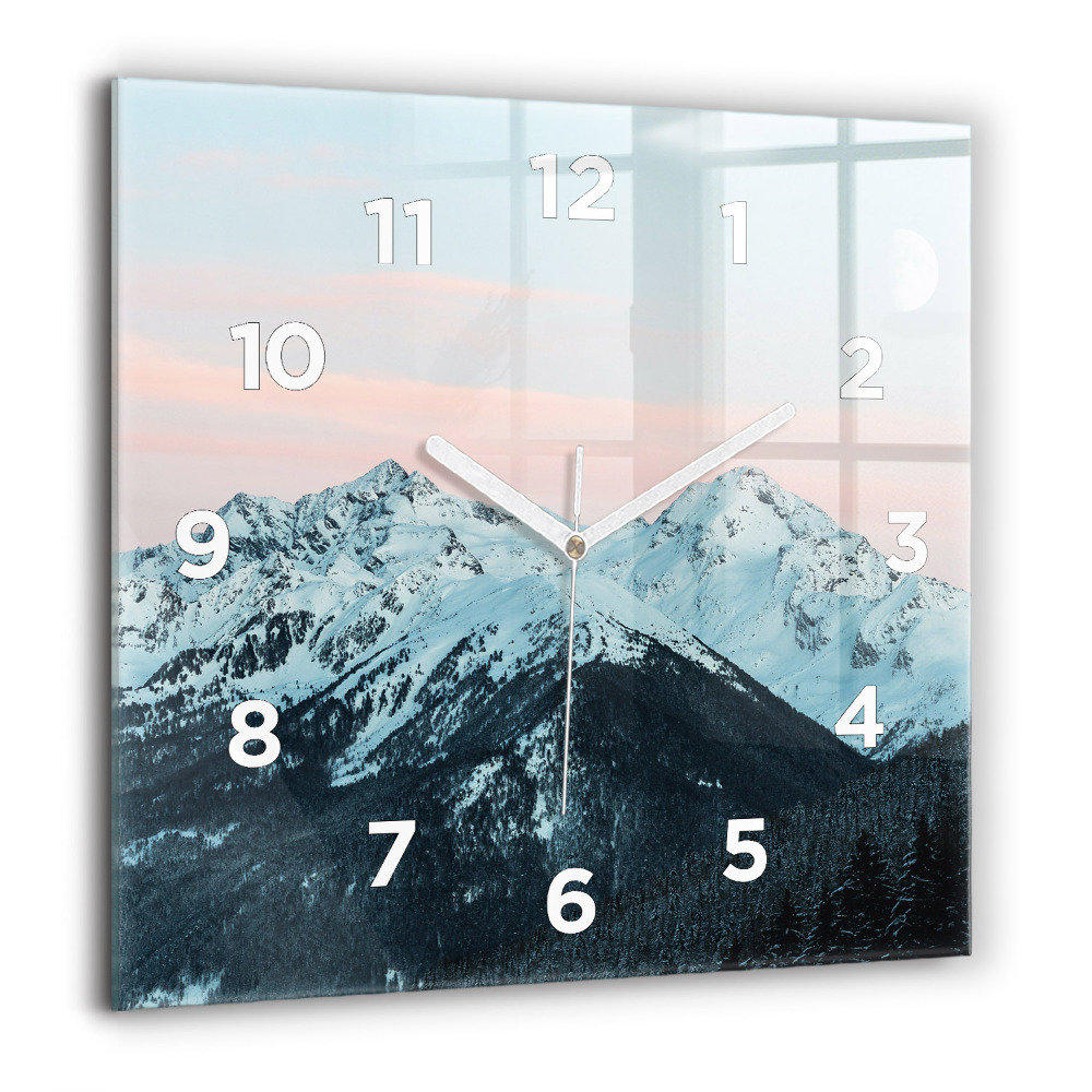 Horloge carrée en verre 60x60 cm Chaîne de montagnes en hiver