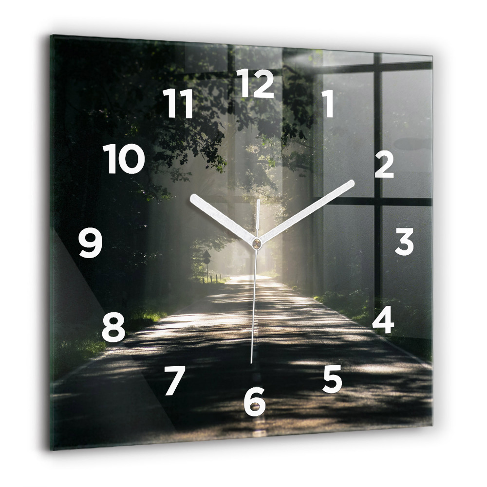 Horloge murale carrée 60x60 cm Route forestière et traînées de soleil