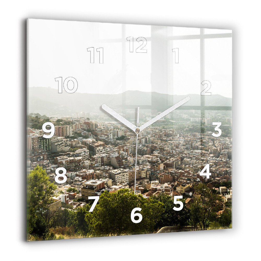 Horloge carrée en verre 60x60 cm Vue de Montjuic à Barcelone