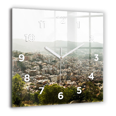 Horloge carrée en verre 60x60 cm Vue de Montjuic à Barcelone