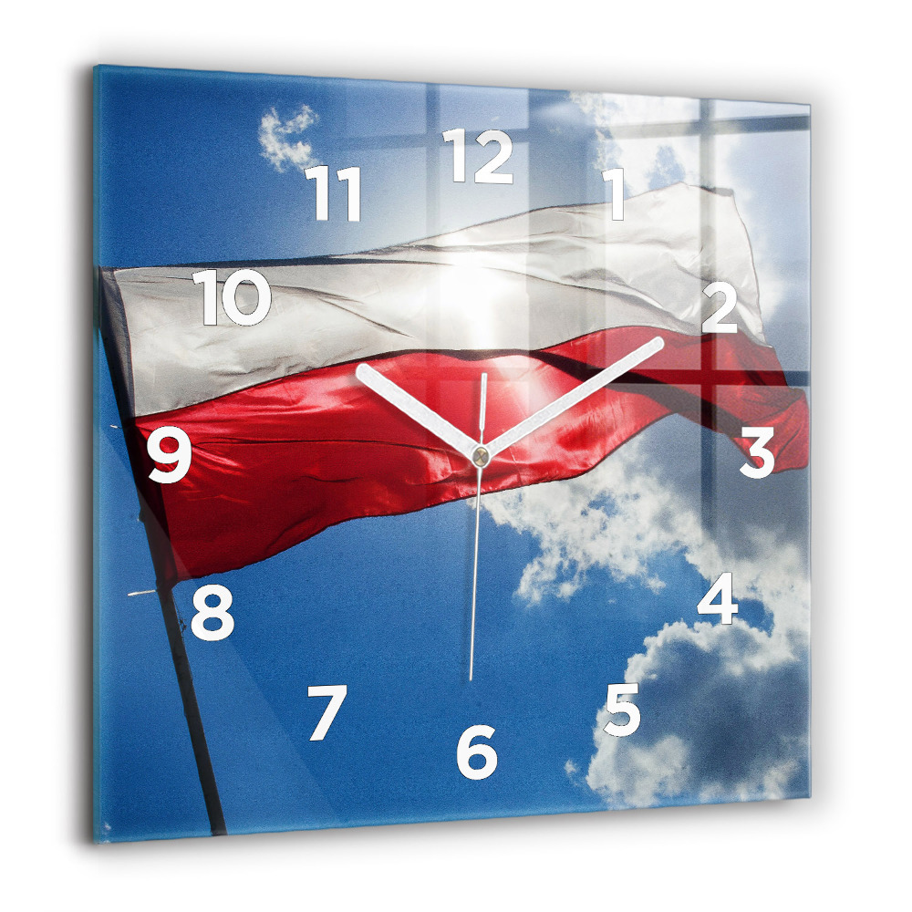 Horloge murale carrée 60x60 cm Drapeau polonais sur fond de ciel