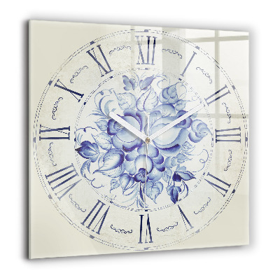Horloge carrée en verre 60x60 cm Fleurs bleues