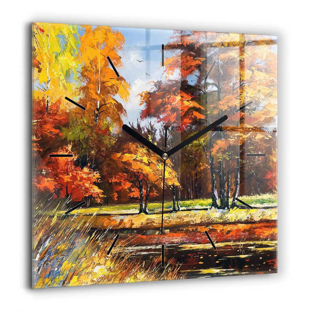 Pendule carrée en verre 60x60 cm Paysage d'automne avec rivière